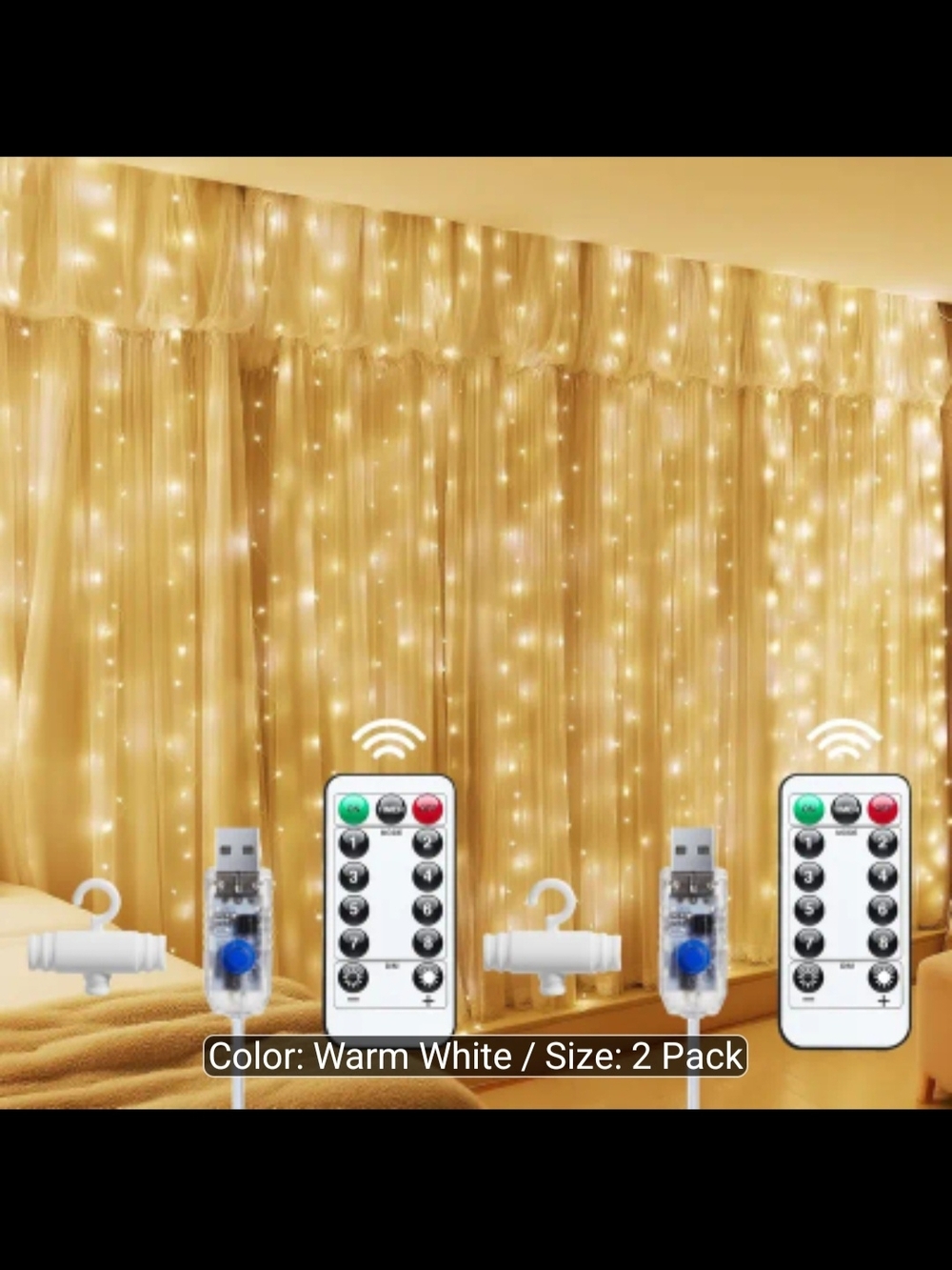 Warm White Curtain String Lights with Remote (2 Pack)